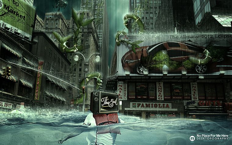 water, skyscrapers, science fiction, artwork, Desktopography, apocalyptic, billboard, vines - desktop wallpaper