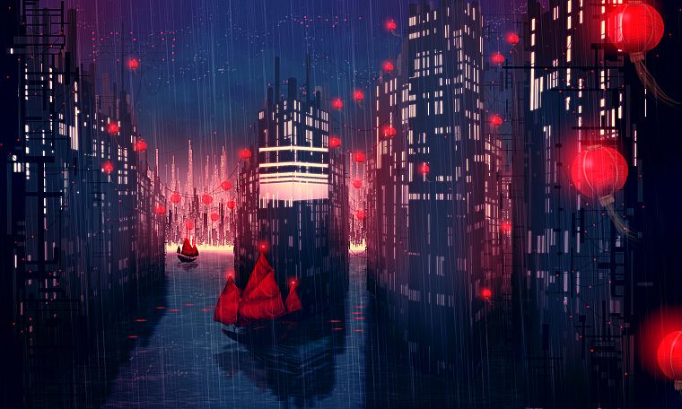 cityscapes, rain, ships, buildings, artwork - desktop wallpaper
