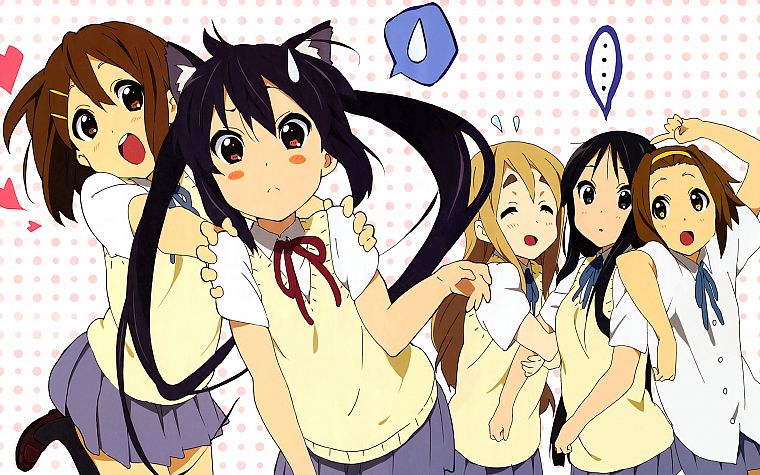 K-ON!, school uniforms, animal ears, Hirasawa Yui, Akiyama Mio, Tainaka Ritsu, Kotobuki Tsumugi, Nakano Azusa, Azu-nyan - desktop wallpaper