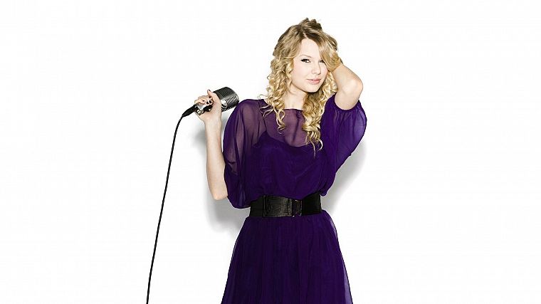 blondes, women, Taylor Swift, celebrity, purple dress, simple background, microphones, white background - desktop wallpaper