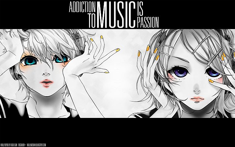 headphones, music, Vocaloid, blue eyes, Kagamine Rin, Kagamine Len, selective coloring, white hair, purple eyes, nails art, Migikata no Chou - desktop wallpaper