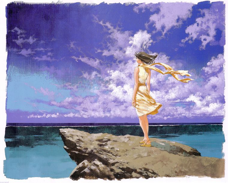 clouds, rocks, rahxephon, artwork, anime girls, windy, sea - desktop wallpaper