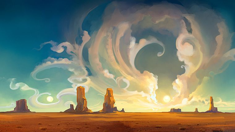 clouds, Sun, deserts, drawings - desktop wallpaper