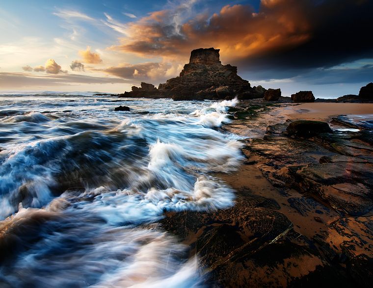 water, ocean, clouds, rocks, sea, beaches - desktop wallpaper