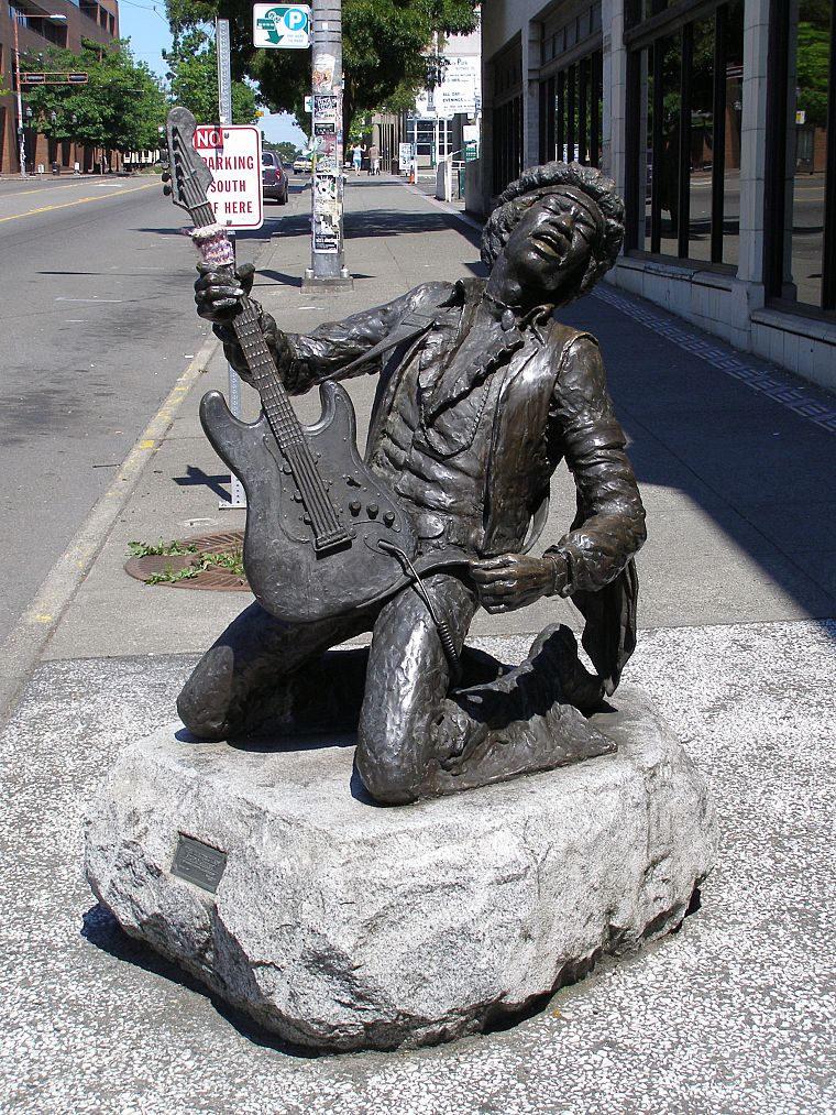 Jimi Hendrix, guitars, statues - desktop wallpaper