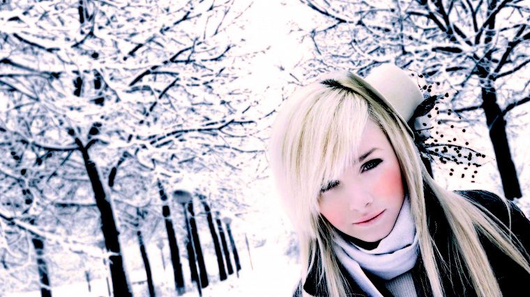 blondes, women, snow, trees, white, stars, Laura Ivana - desktop wallpaper
