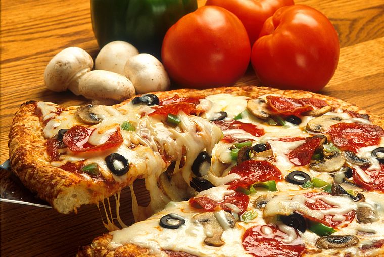 food, pizza, mushrooms, tomatoes - desktop wallpaper