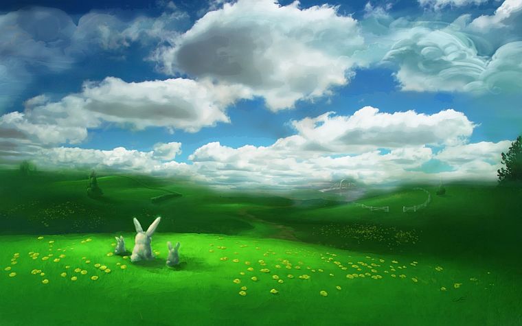 bunnies, landscapes, fields, artwork - desktop wallpaper