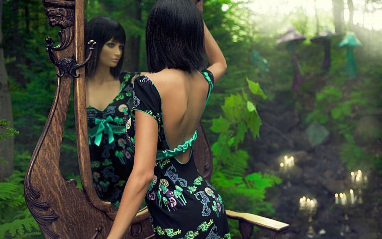 brunettes, women, dress, mirrors, forests, short hair - desktop wallpaper
