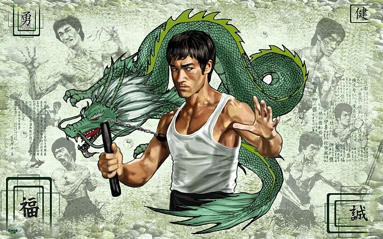 Bruce Lee, dragons, 3D, fighters - desktop wallpaper