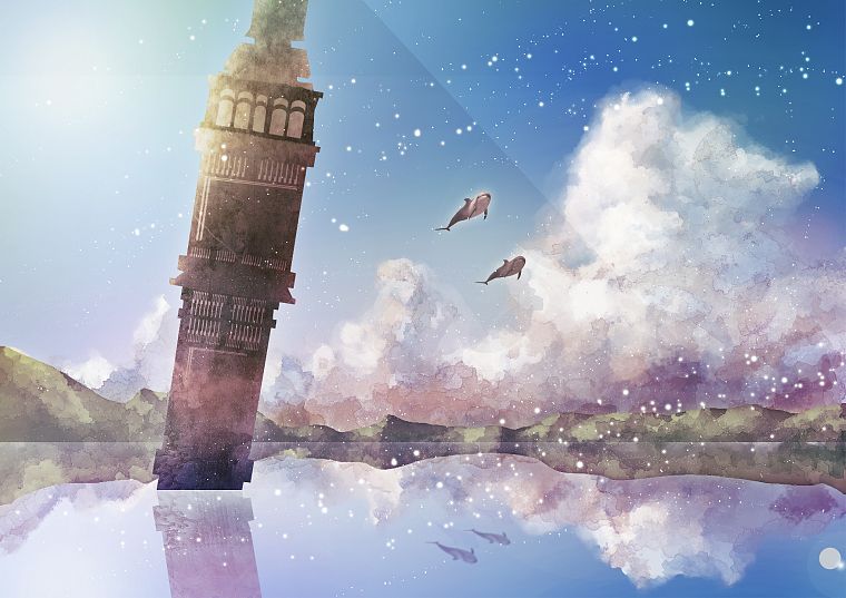 tower, artwork, anime, lakes, dolphins, skyscapes - desktop wallpaper