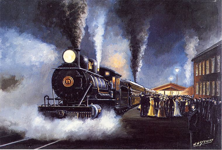 paintings, smoke, trains, train stations, steam engine, vehicles - desktop wallpaper