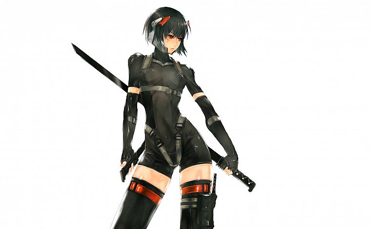black, Kusanagi Motoko, weapons, thigh highs, bodysuits, Ghost in the Shell, soft shading, girls with swords, simple background, anime girls, Metal Gear Solid 4, Nidy-2D- - desktop wallpaper
