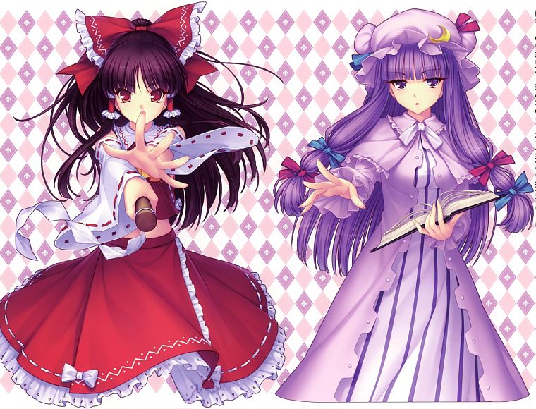 Touhou, Hakurei Reimu, Patchouli Knowledge, Sayori Neko Works, anime girls, detached sleeves - desktop wallpaper