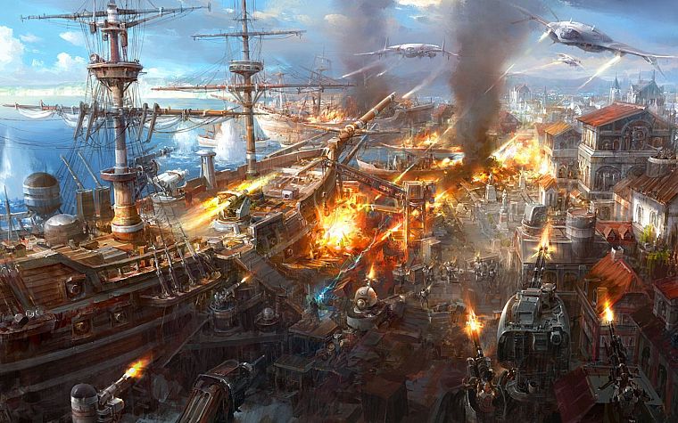 fantasy, aircraft, war, cityscapes, explosions, fire, smoke, ships, weapons, 3D, Jaecheol Park - desktop wallpaper