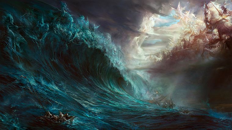 water, clouds, war, back, waves, ships, horses, battles, artwork, vehicles - desktop wallpaper