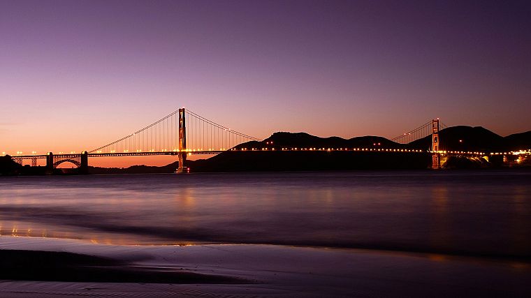 sunset, bridges, Golden Gate Bridge, San Francisco, sea, beaches - desktop wallpaper