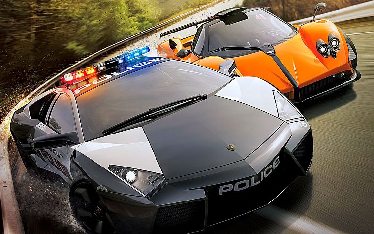 video games, cars, police, Need for Speed, racer, Lamborghini Reventon, Pagani Zonda Cinque, Need for Speed Hot Pursuit, games - desktop wallpaper
