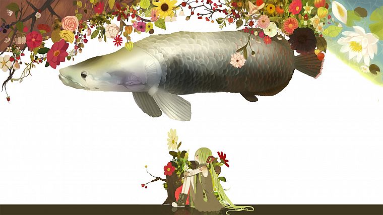 Vocaloid, flowers, Hatsune Miku, fish, twintails - desktop wallpaper