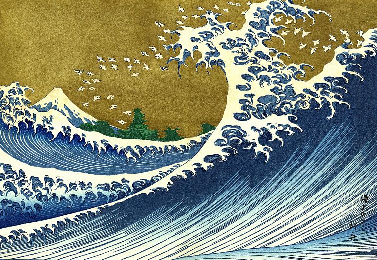 Japan, paintings, nature, trees, waves, The Great Wave off Kanagawa, Katsushika Hokusai, Thirty-six Views of Mount Fuji - desktop wallpaper
