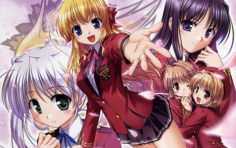 women, Fortune Arterial: Akai Yakusoku, anime girls, Sendou Erika, Tougi Shiro, Yuuki Haruna, Kuze Kiriha, Yuuki Kanade - desktop wallpaper