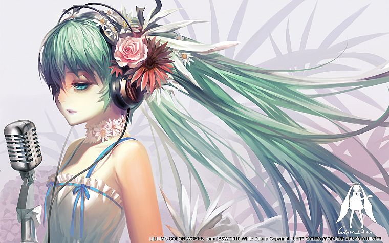 headphones, Vocaloid, flowers, Hatsune Miku, long hair, green hair, anime girls, microphones, Alphonse (White Datura) - desktop wallpaper