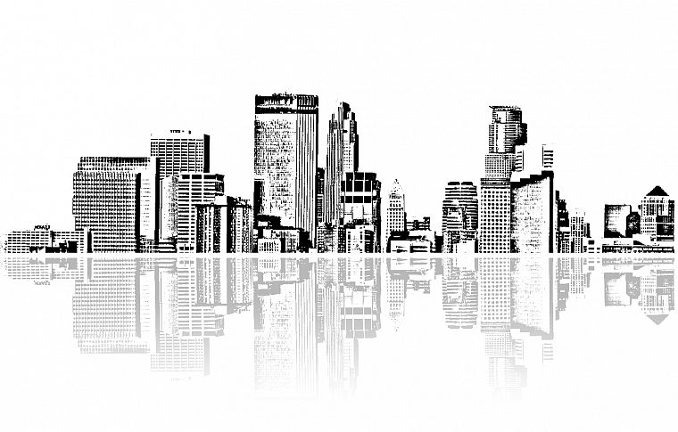 cityscapes, architecture, buildings, grayscale, skyscrapers, monochrome, artwork, reflections - desktop wallpaper