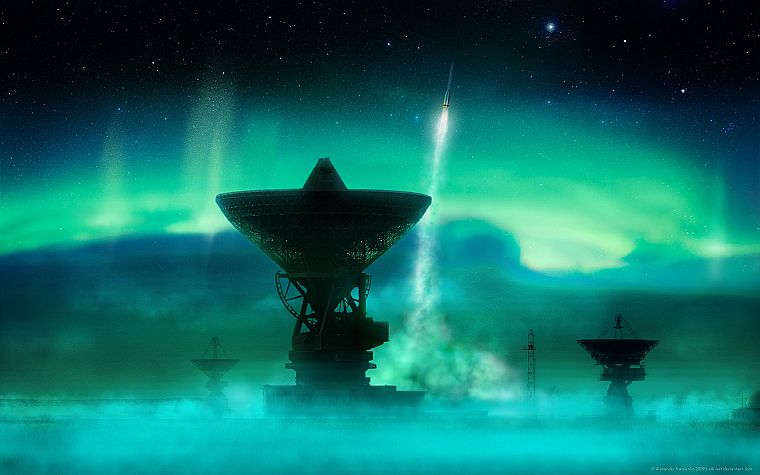 outer space, aurora borealis, rockets, satellite dish - desktop wallpaper