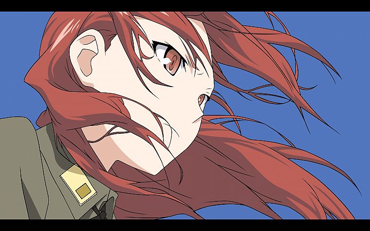 Strike Witches, uniforms, army, military, redheads, wind, long hair, brown eyes, Minna-Dietlinde Wilcke, simple background, anime girls, faces, blue background - desktop wallpaper