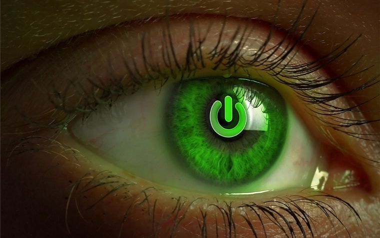 eyes, green eyes, power button, photo manipulation - desktop wallpaper