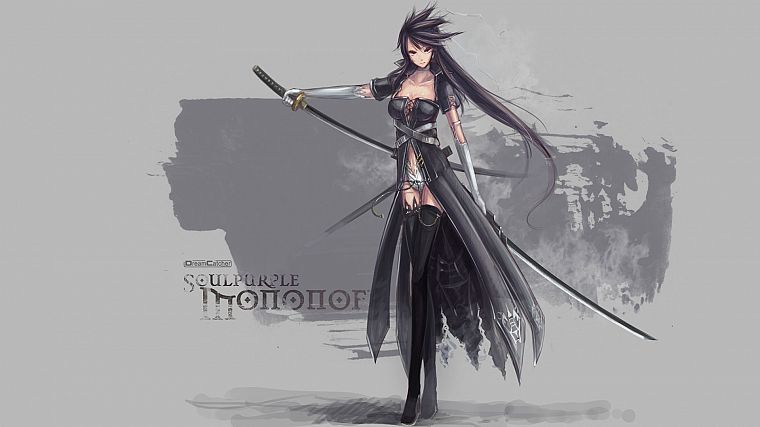 katana, long hair, weapons, thigh highs, artwork, anime girls, swords, black hair - desktop wallpaper
