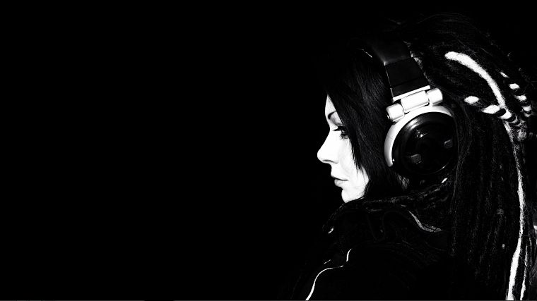 headphones, women, black, black background - desktop wallpaper