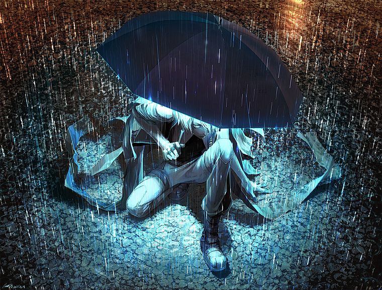 paintings, night, rain, anime, umbrellas, neon effects - desktop wallpaper