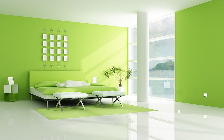 green, interior, bedroom, 3D renders - desktop wallpaper