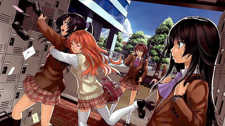 stockings, school uniforms, schoolgirls, skirts, glasses, meganekko, anime girls - desktop wallpaper
