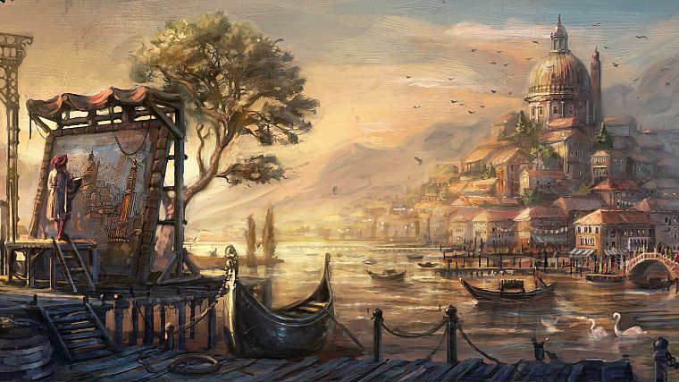 paintings, houses, swans, stairways, boats, Venice, gondolas, Anno 1404, picture frame - desktop wallpaper