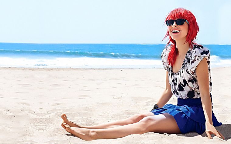 Hayley Williams, women, sand, redheads, sunglasses, smiling, beaches - desktop wallpaper