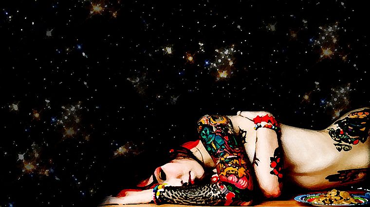 tattoos, women, paintings, outer space, stars - desktop wallpaper