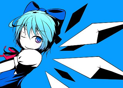 video games, blue, Touhou, wings, dress, Cirno, ribbons, fairies, blue hair, short hair, smiling, bows, wink, blue dress, simple background, anime girls, blue background, hair ornaments, bangs - related desktop wallpaper