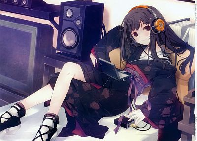 headphones, Japanese clothes, anime girls - desktop wallpaper