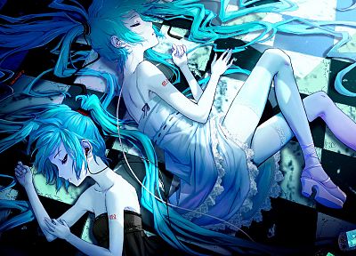 Vocaloid, dress, Hatsune Miku, earphones, lying down, aqua hair, anime girls, G Scream, Playstation Portable - related desktop wallpaper