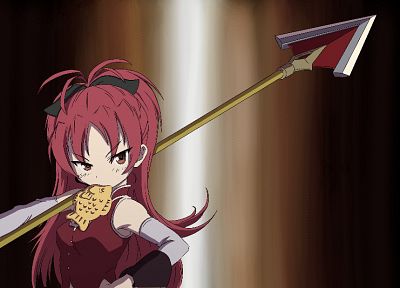 dress, food, redheads, fish, long hair, weapons, red eyes, Mahou Shoujo Madoka Magica, Sakura Kyouko, bows, red dress, anime, spears, ponytails, anime girls, polearm, detached sleeves, hair ornaments, bangs, bare shoulders, mouth hold - related desktop wallpaper
