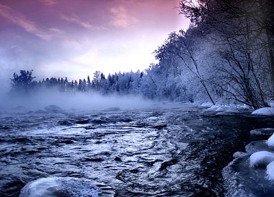 clouds, winter, snow, forests, fog, scenic, rivers - related desktop wallpaper