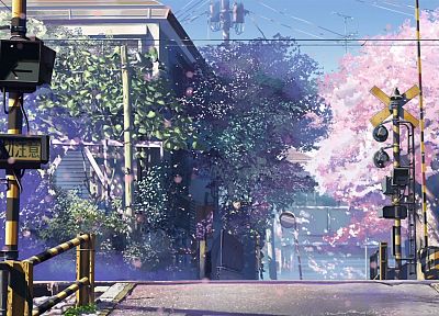 cherry blossoms, streets, Makoto Shinkai, railroad tracks, roads, 5 Centimeters Per Second, railroads, railroad crossing - random desktop wallpaper