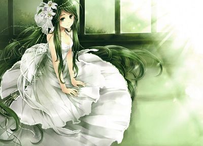 dress, flowers, long hair, green hair, white dress, anime girls - desktop wallpaper