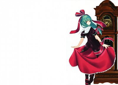 Touhou, dress, long hair, clocks, green hair, Kagiyama Hina, simple background, anime girls - random desktop wallpaper