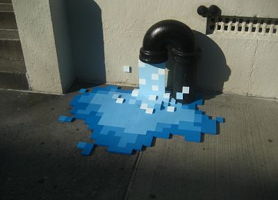 water, blue, graffiti, street art, pixelation - random desktop wallpaper