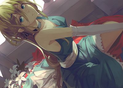 blondes, Vocaloid, gloves, dress, flowers, blue eyes, cleavage, long hair, ribbons, braids, blue dress, hair ornaments, Lily (Vocaloid) - related desktop wallpaper