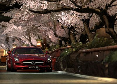 landscapes, trees, red, cars, Kyoto, scenic, vehicles, Mercedes-Benz, Mercedes-Benz SLS AMG E-Cell - related desktop wallpaper