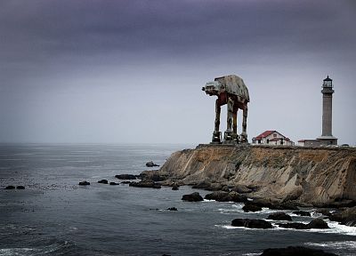 Star Wars, ocean, cars, shore, lighthouses, AT-AT, vehicles, photo manipulation - desktop wallpaper
